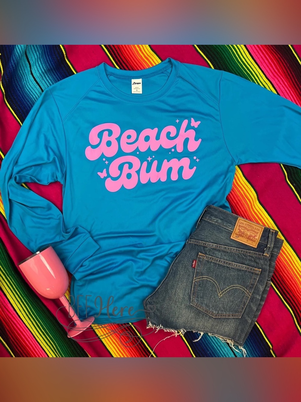 Beach Bum Blue Graphic Tee with Pink Script - Swim Shirt